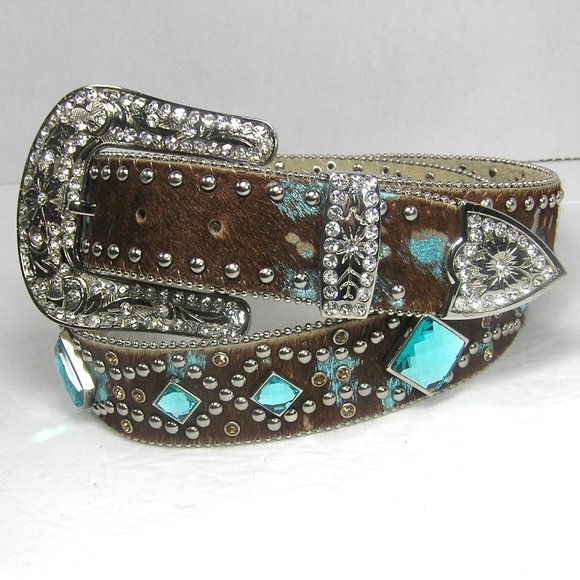 ANGEL RANCH CALF HAIR LEATHER BELT SIZE XL STUDS FAUX GEMS - Picture 13 of 16